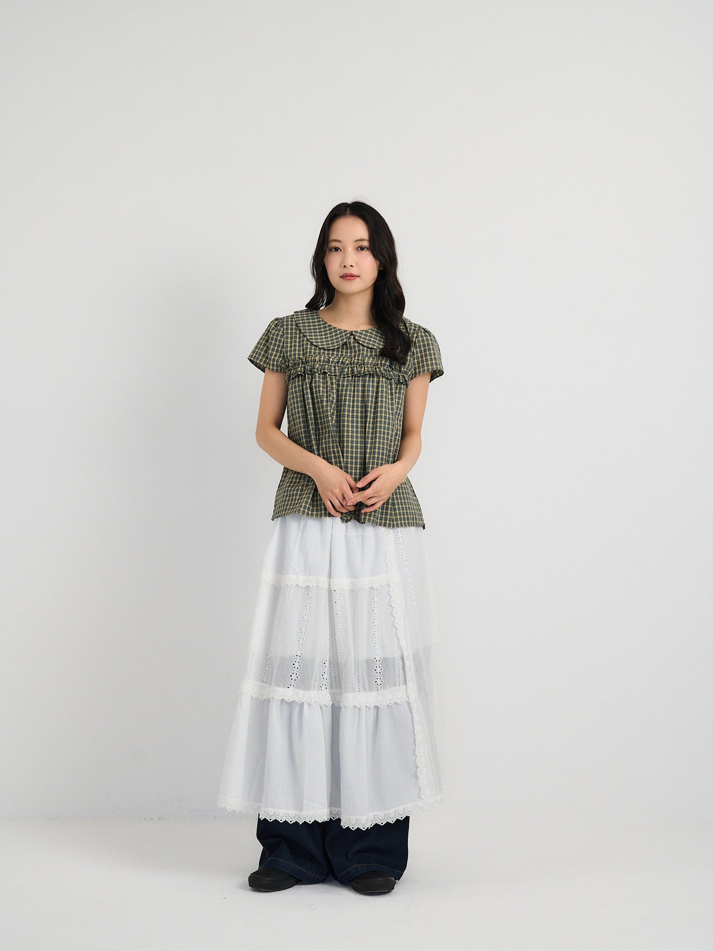 check frill collar blouse