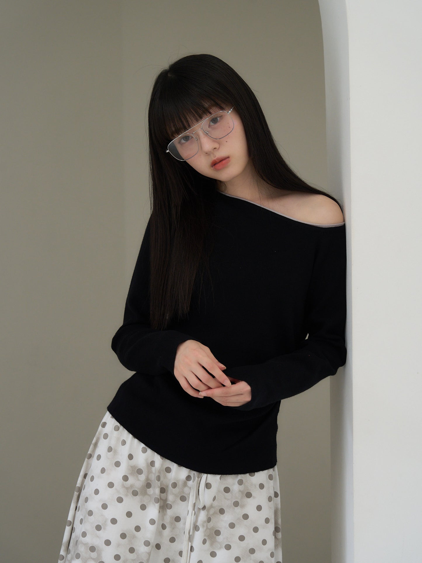 colorblock asymmetry shoulder knit