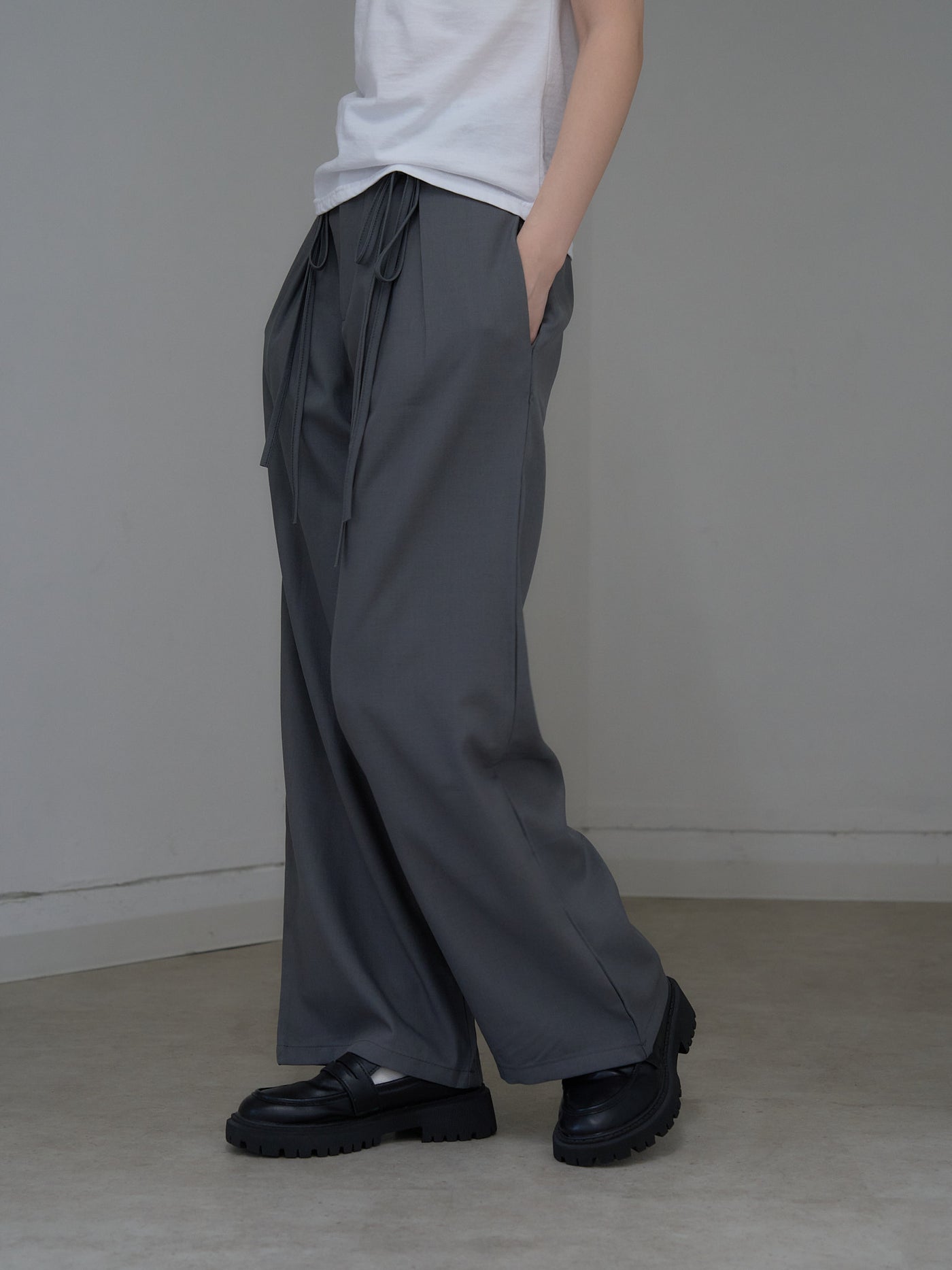 high waist ribbon wide pants