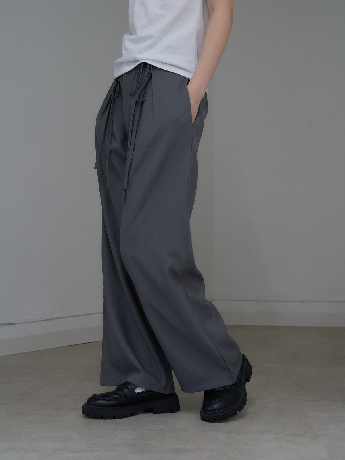 high waist ribbon wide pants