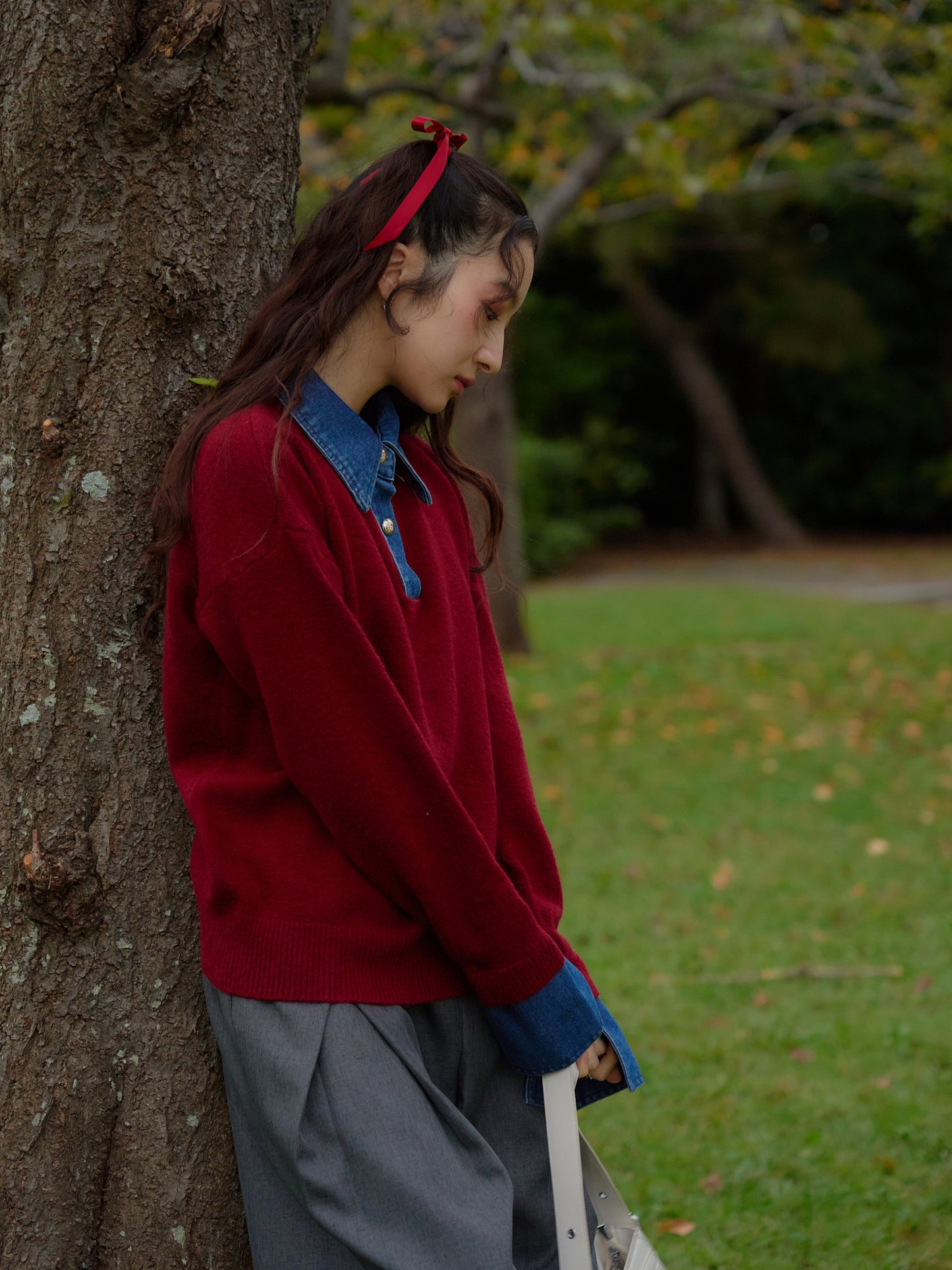 denim collar knit pullover