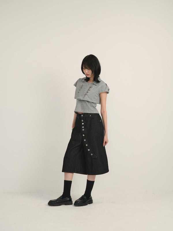 asymmetry button half denim pants