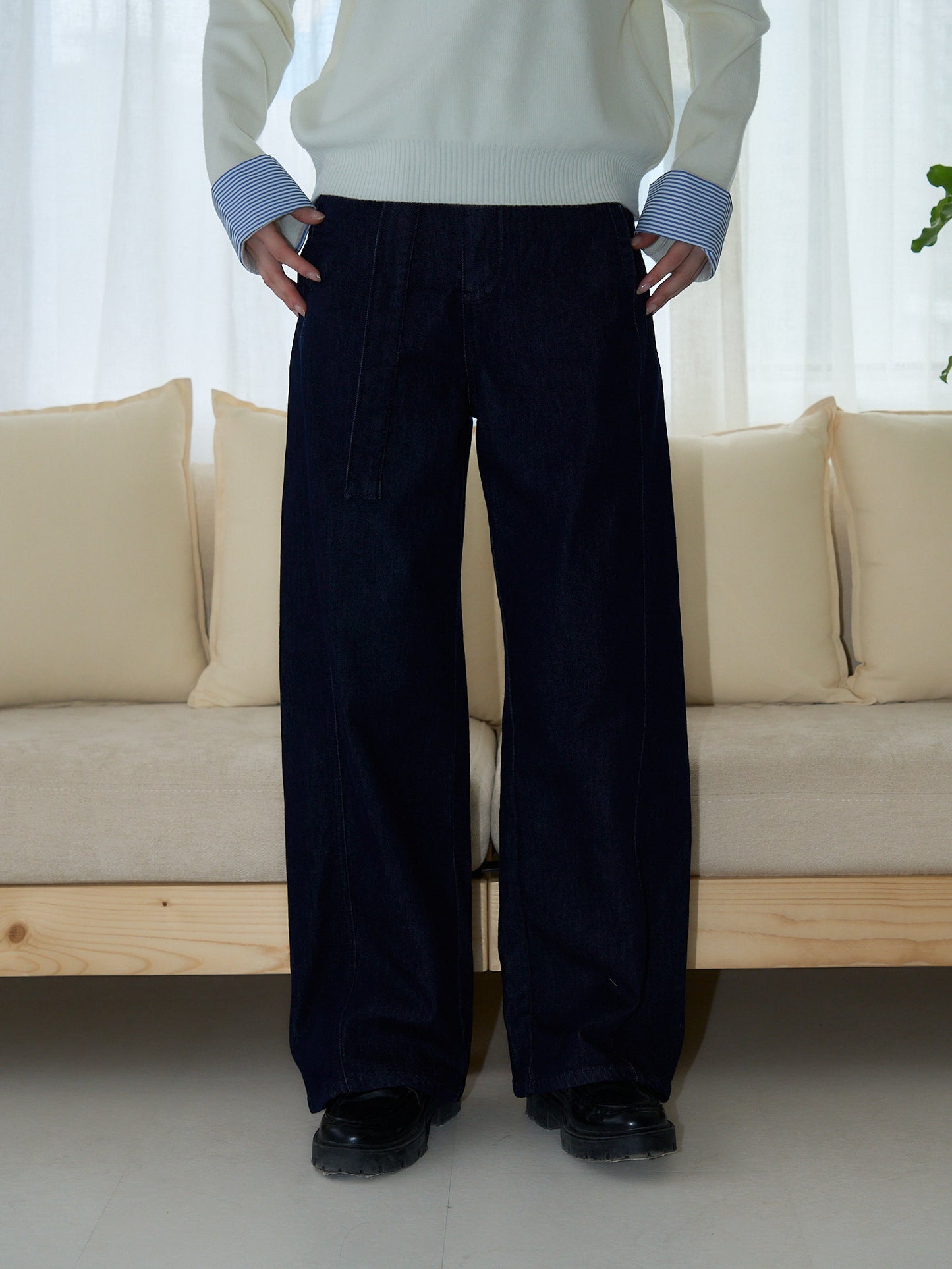 belted high waist denim pants