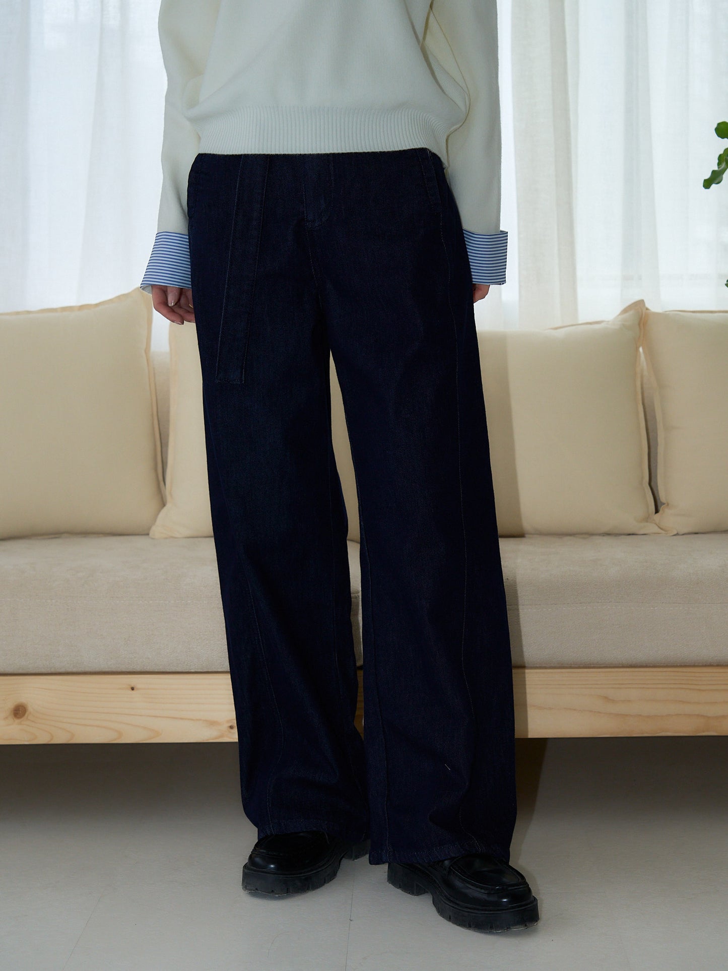 belted high waist denim pants