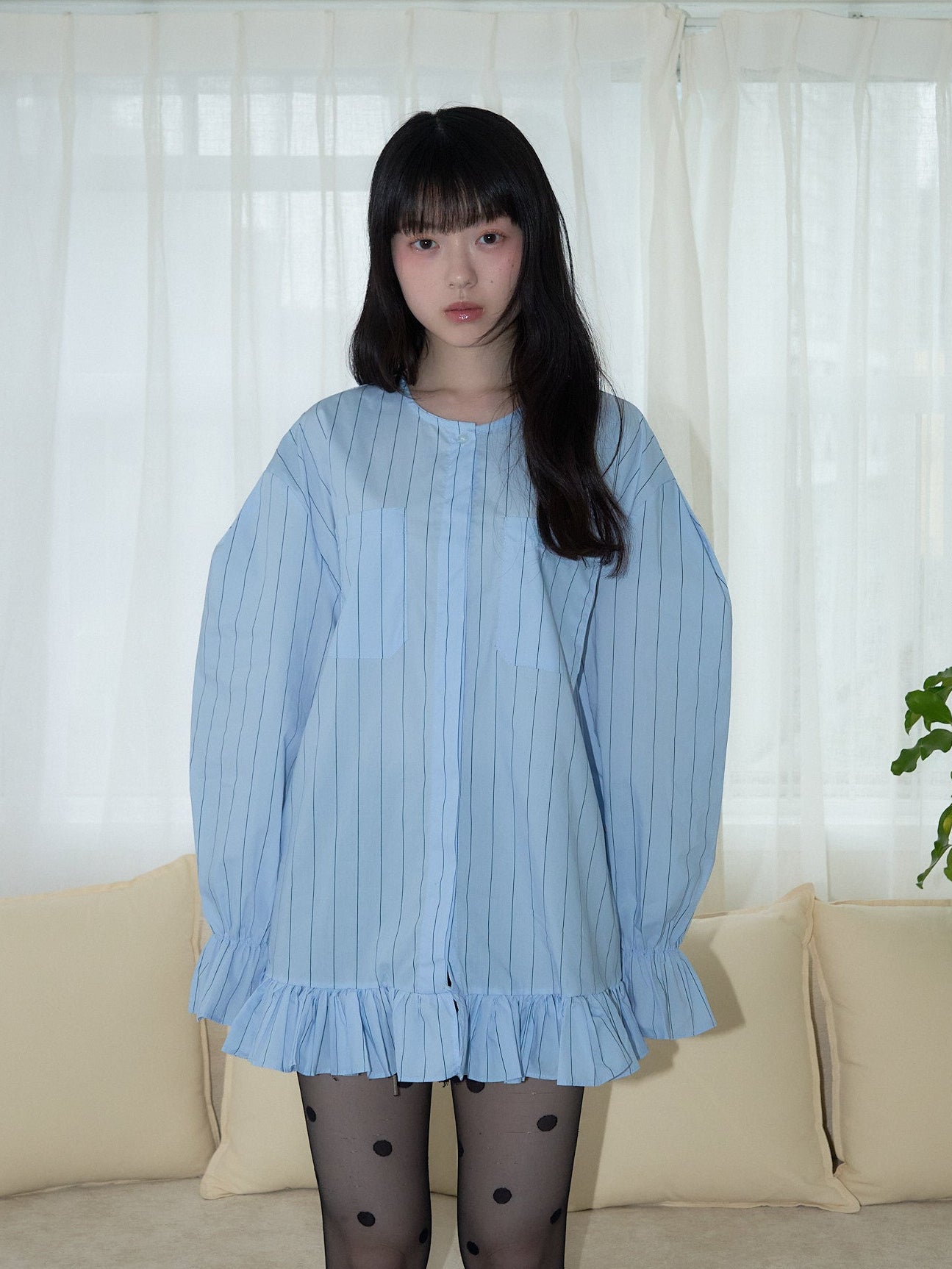stripe frill big blouse