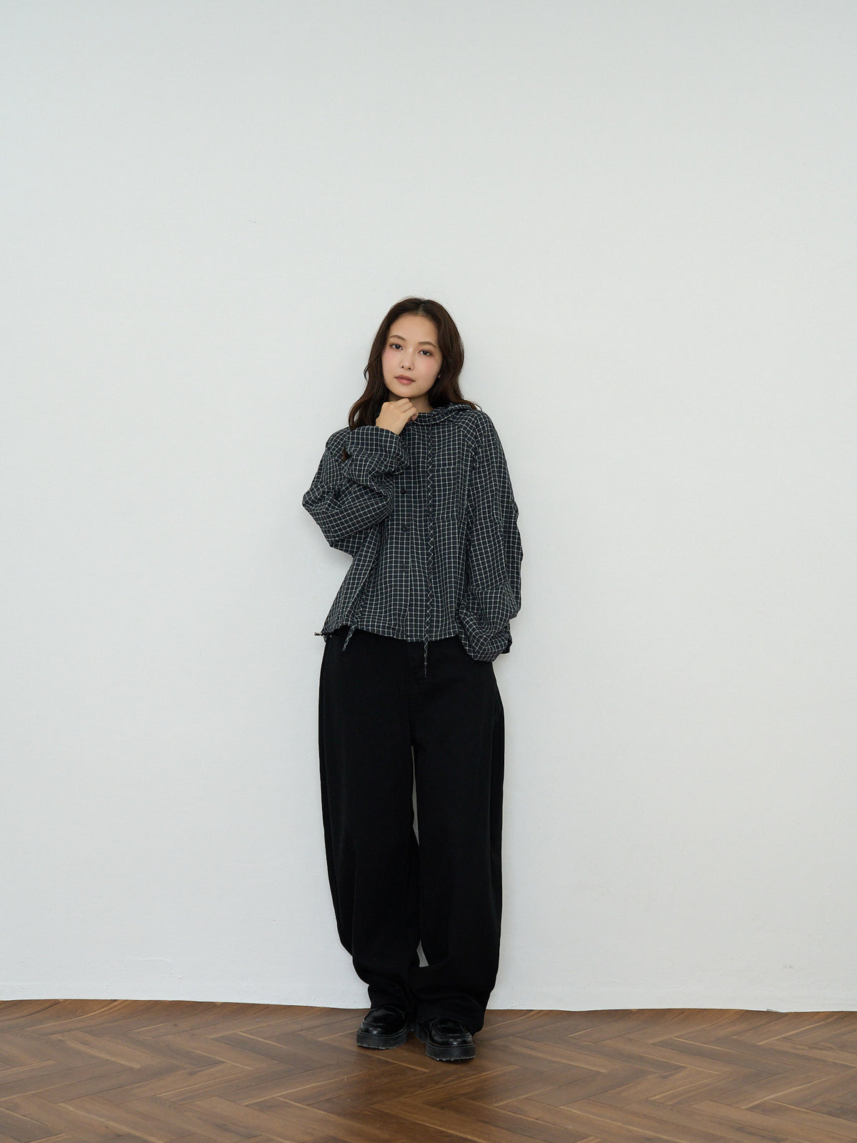 check hooded shirt