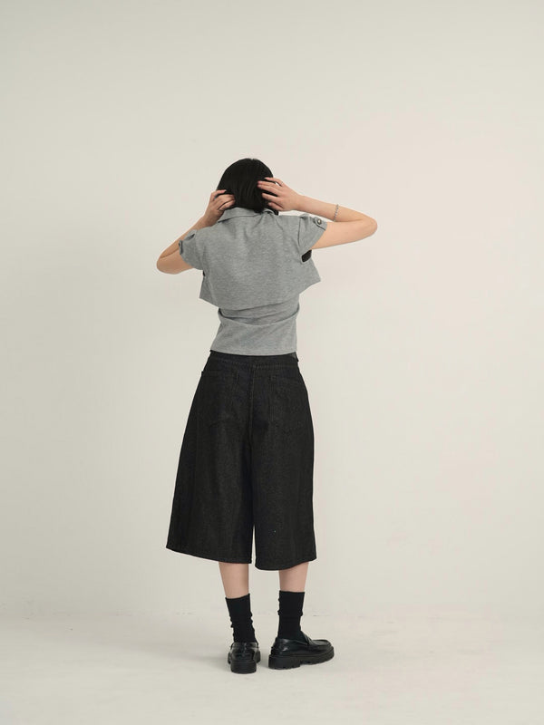 asymmetry button half denim pants