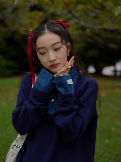 denim collar knit pullover