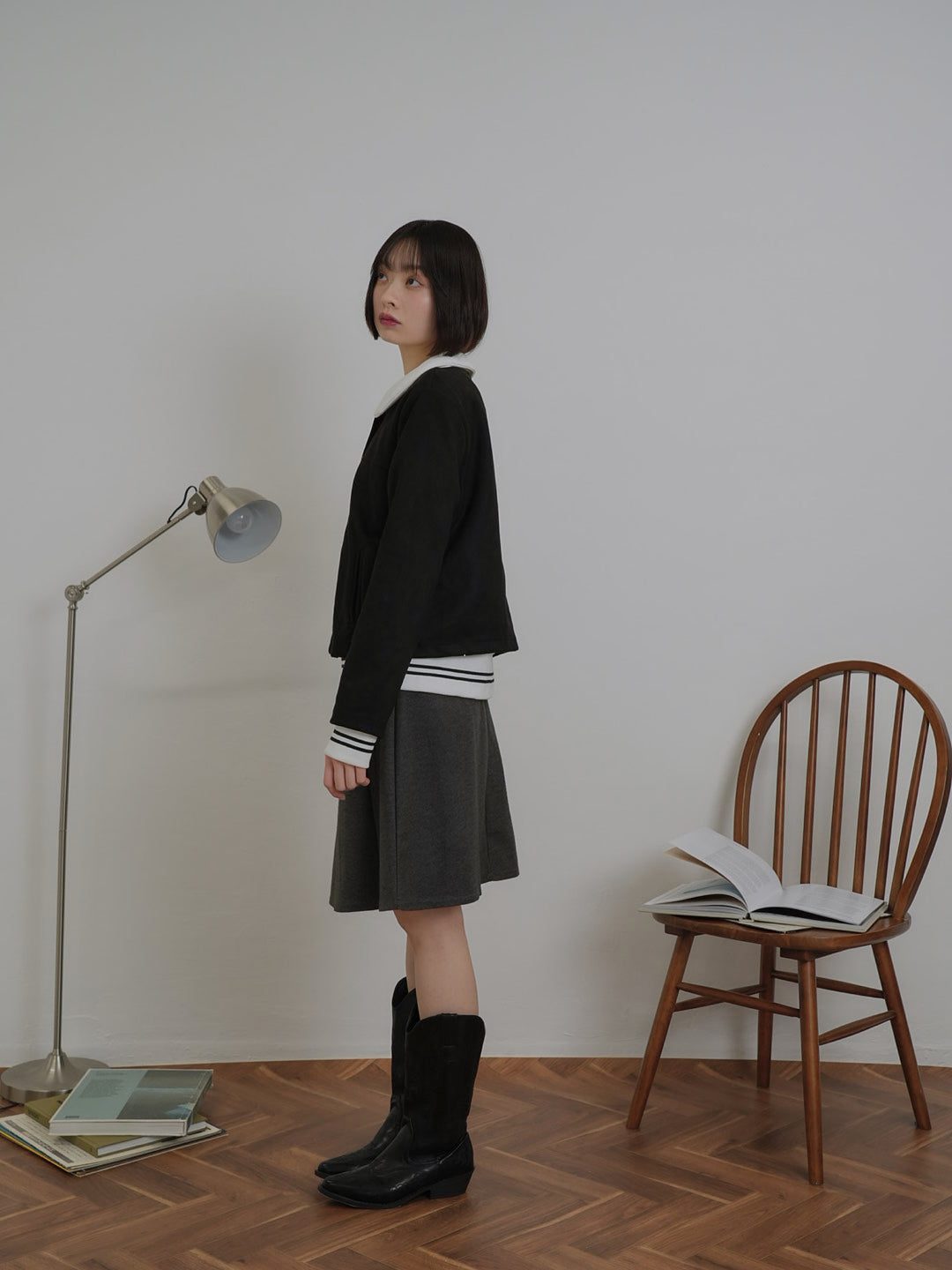 collarless suede jacket