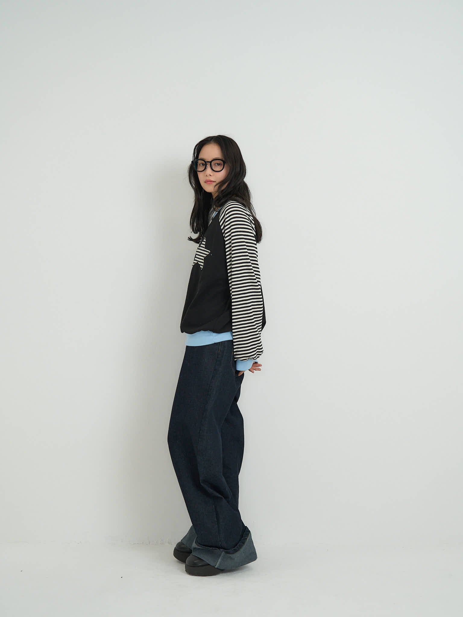 star patch border long tee｜オーバーサイズボーダートップス｜uenui