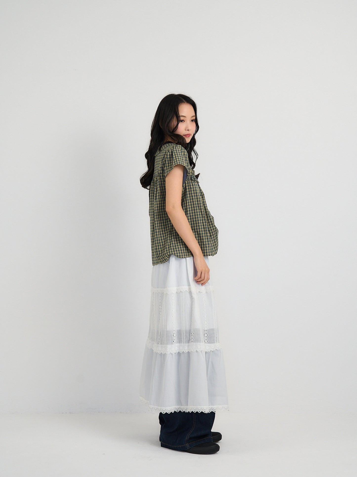 check frill collar blouse