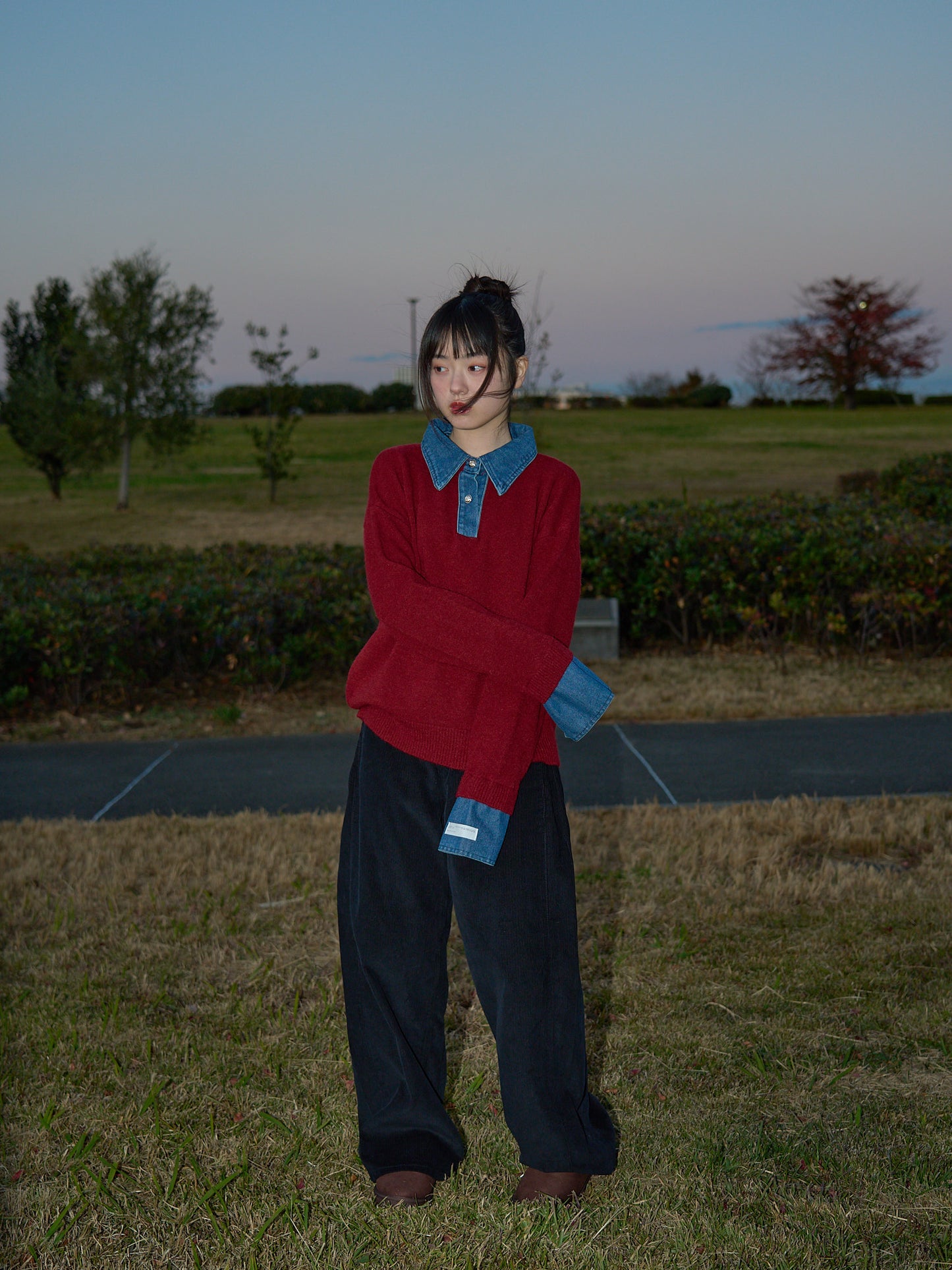 denim collar knit pullover