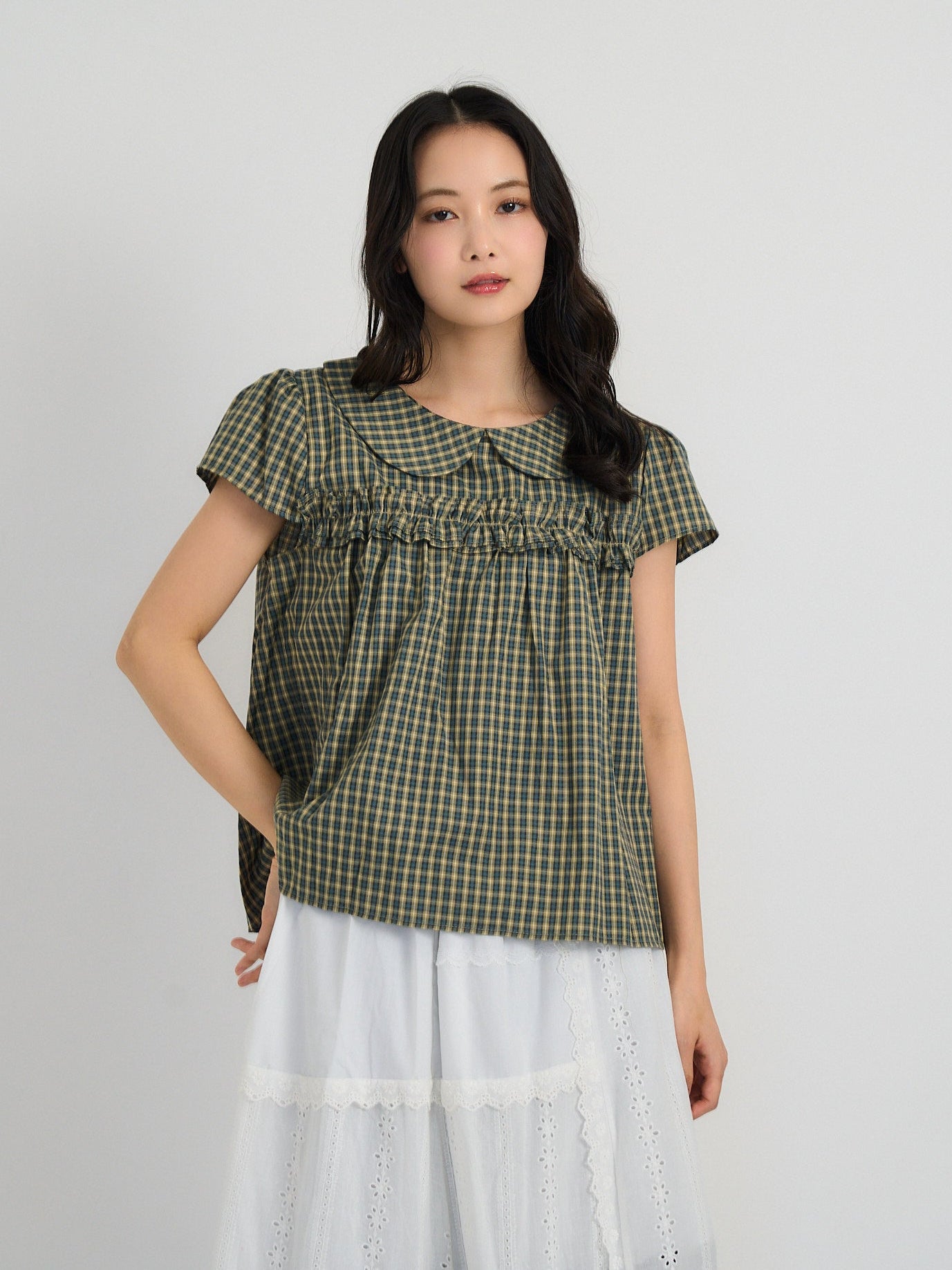 check frill collar blouse