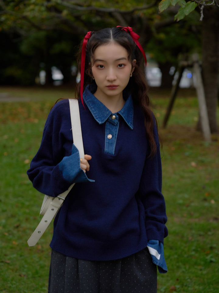 denim collar knit pullover