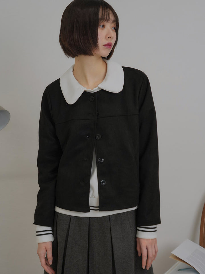 collarless suede jacket