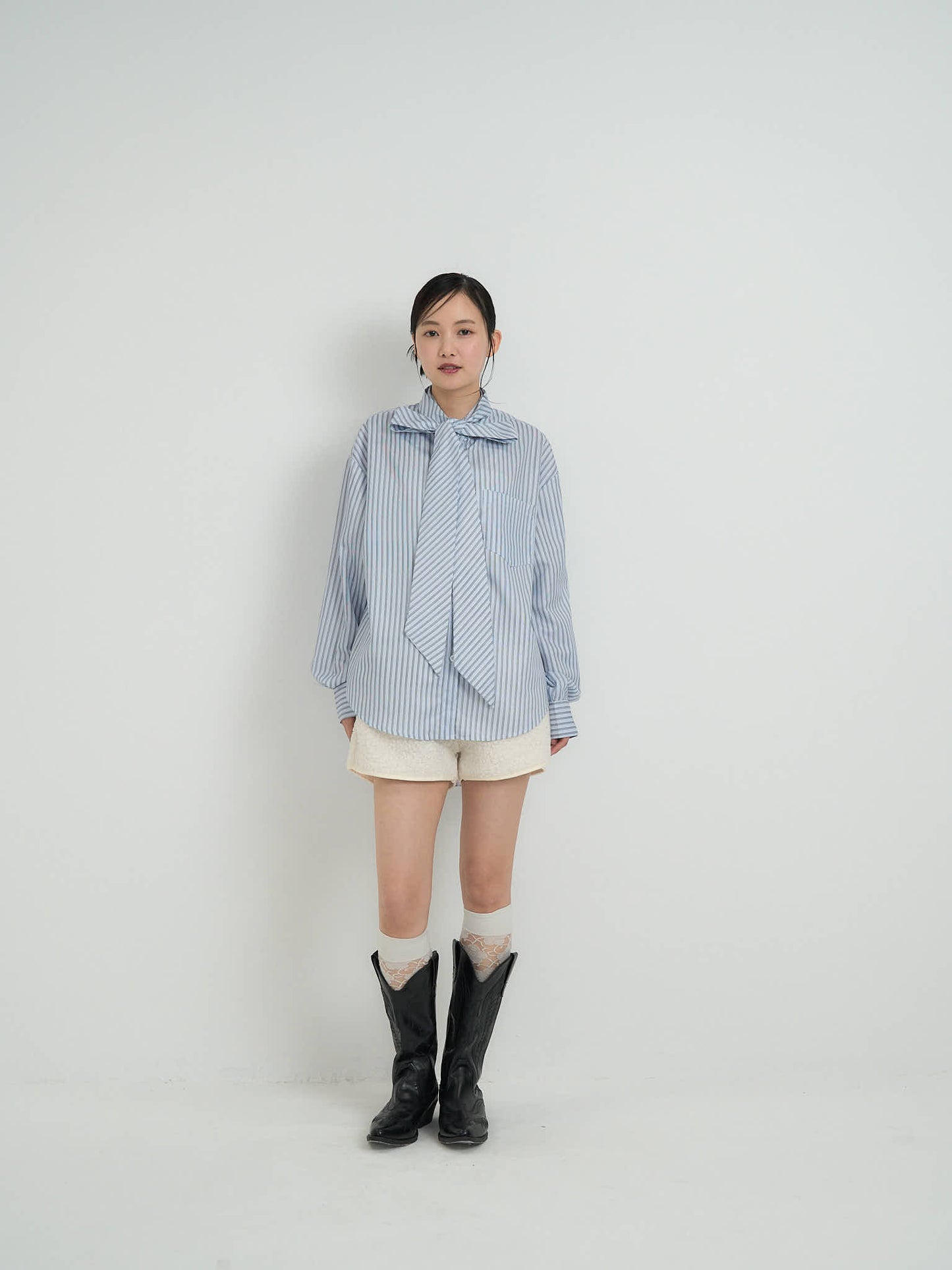 blue stripe bow tie blouse