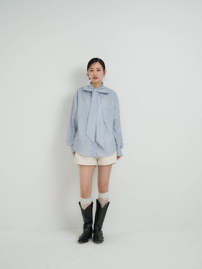 blue stripe bow tie blouse