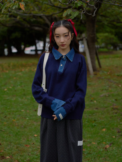 denim collar knit pullover