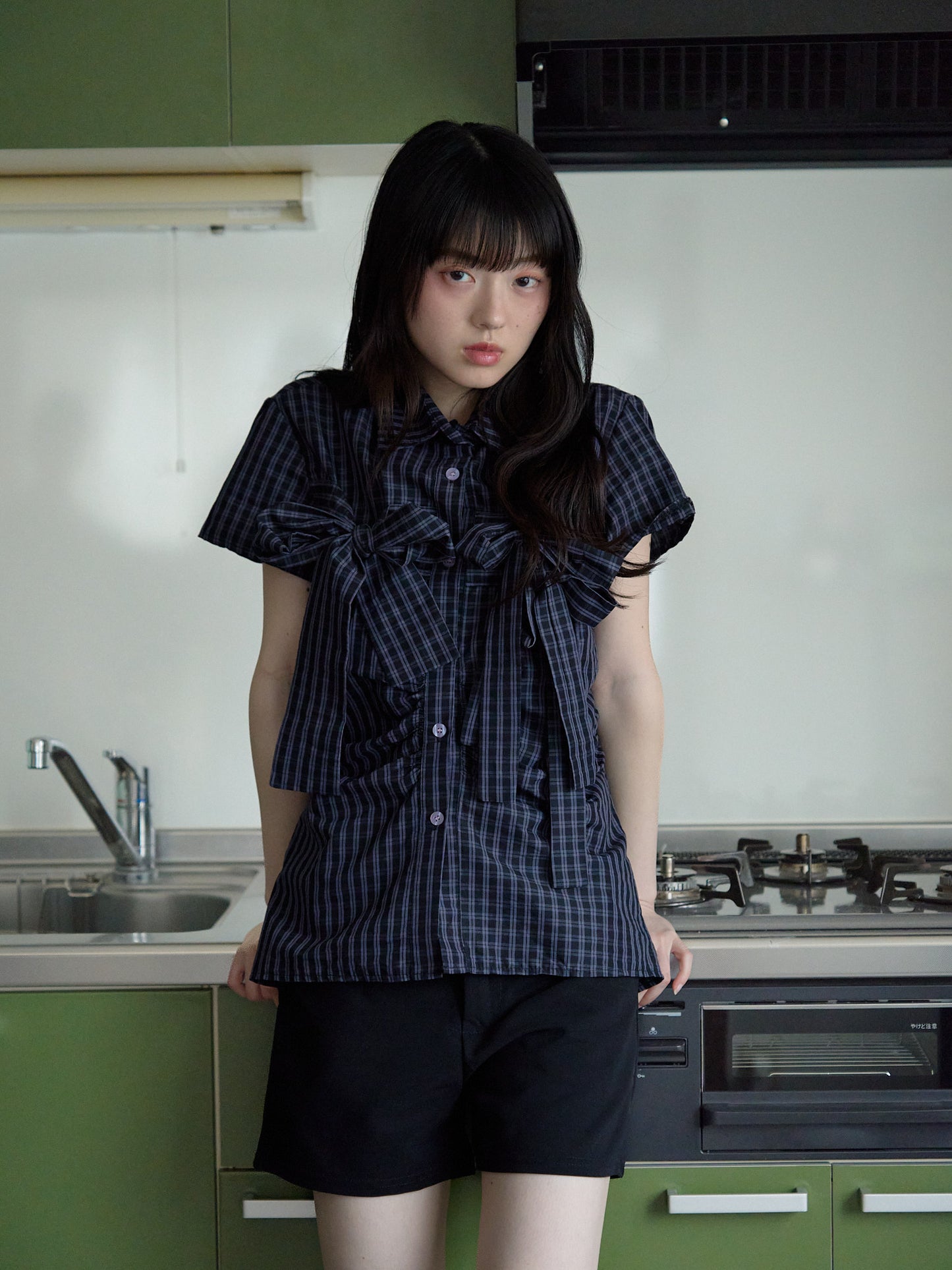 w ribbon check blouse