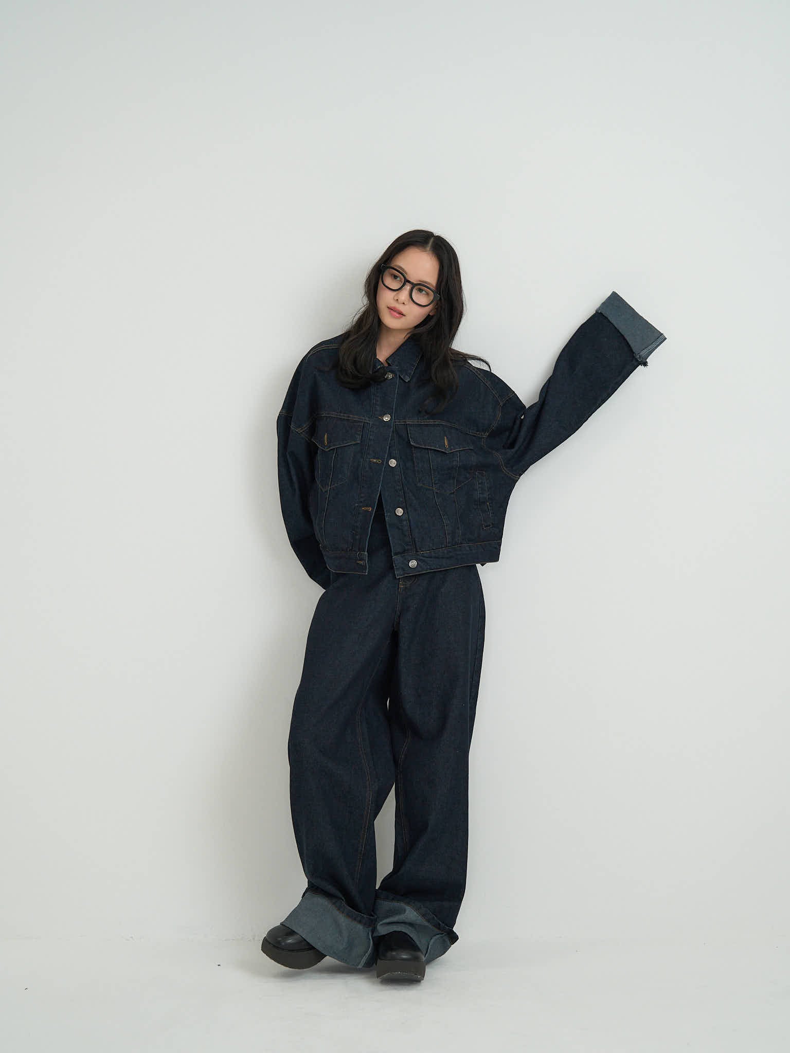 Uenui デニムジャケット ワイドレッグデニム 2点セット cropped denim jacket｜オーバーサイズデニムクロップドジャケット