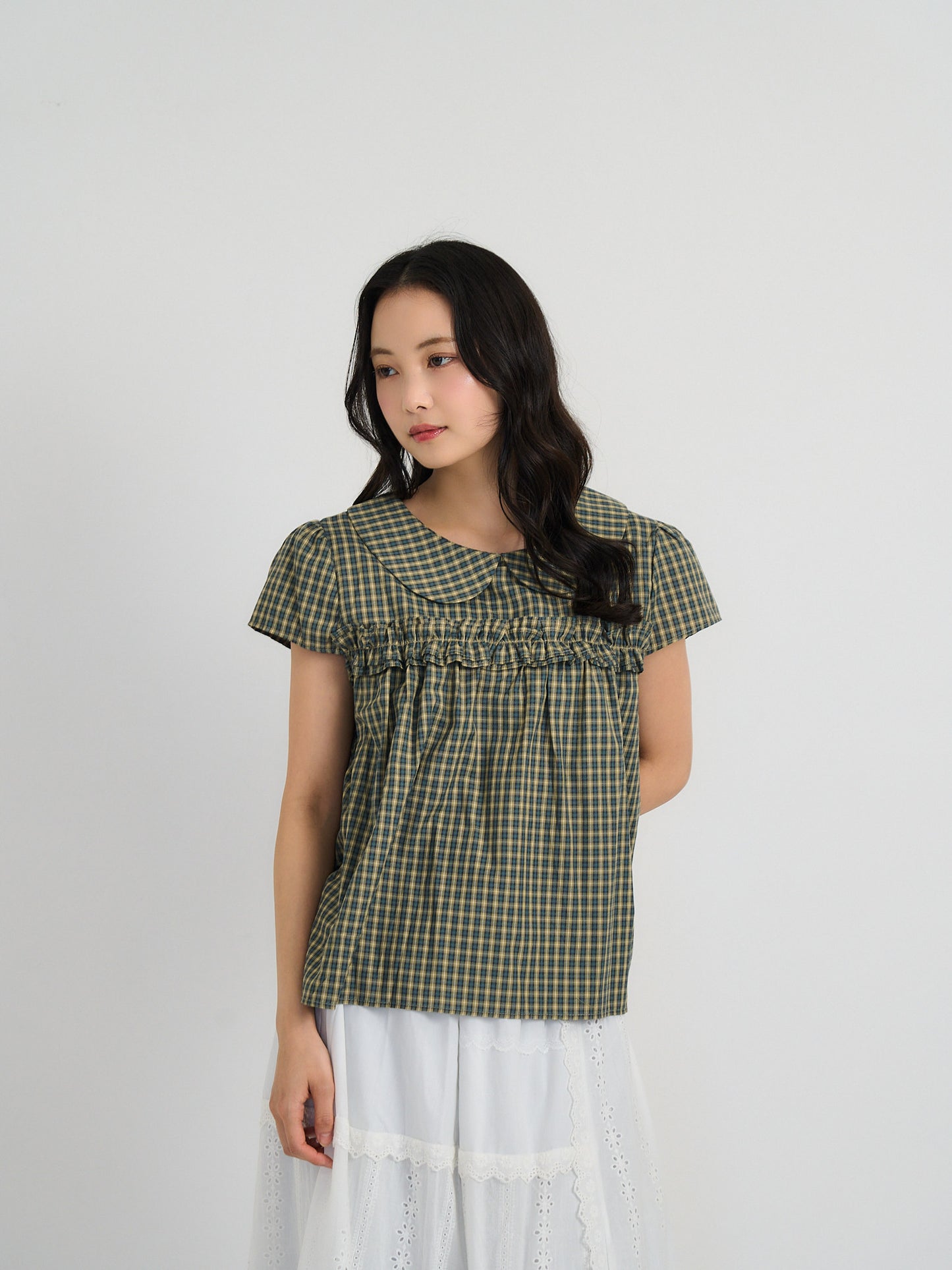 check frill collar blouse