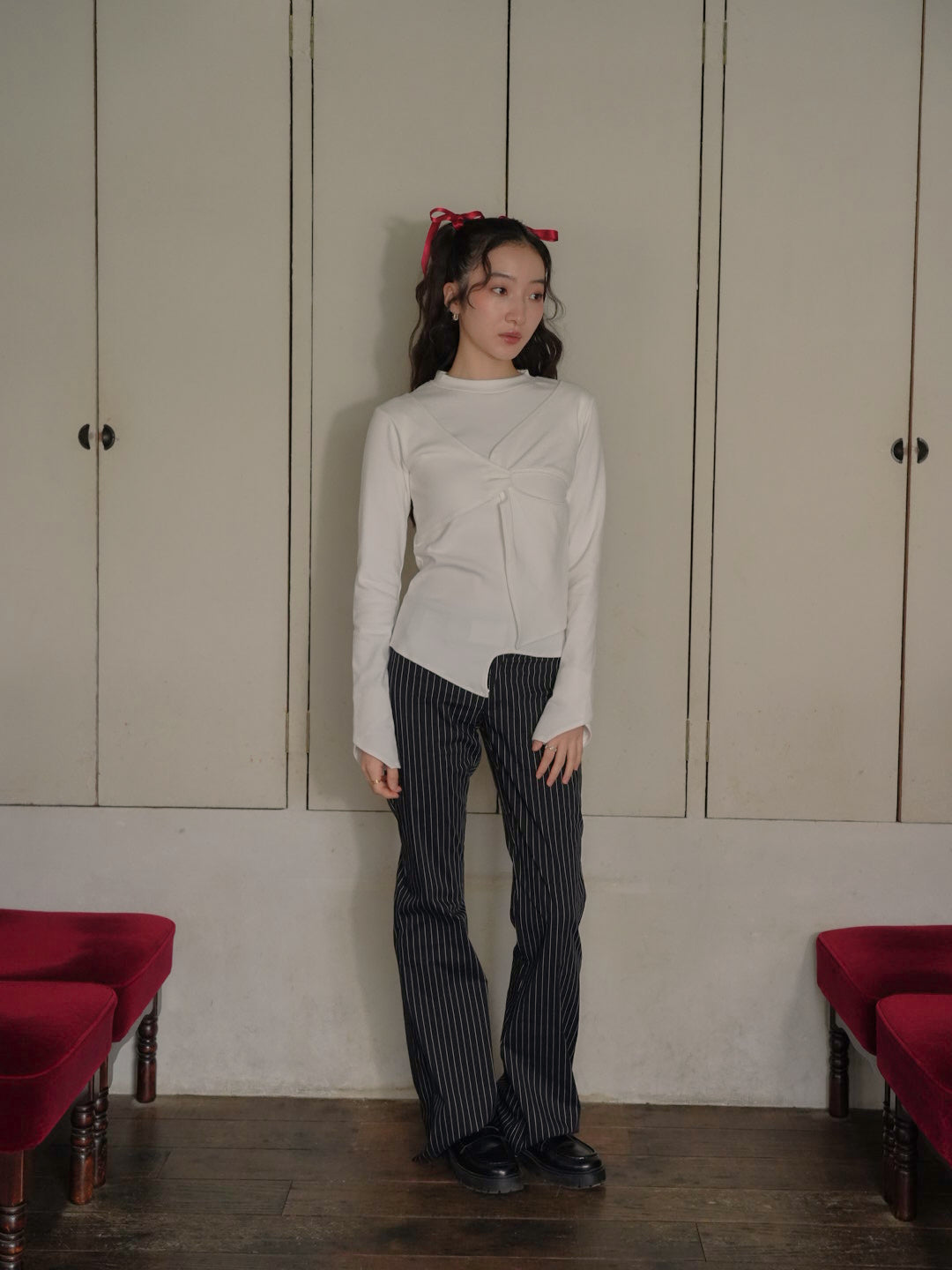 low rise pinstripe flare pants