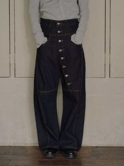 asymmetry button denim pants