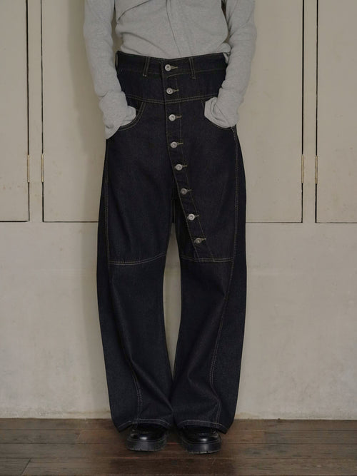 asymmetry button denim pants
