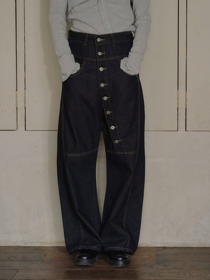 asymmetry button denim pants