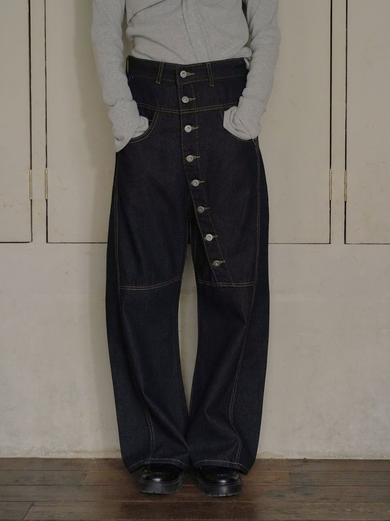 asymmetry button denim pants