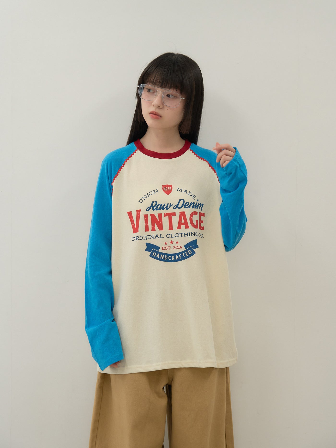 vintage raglan print long  tee