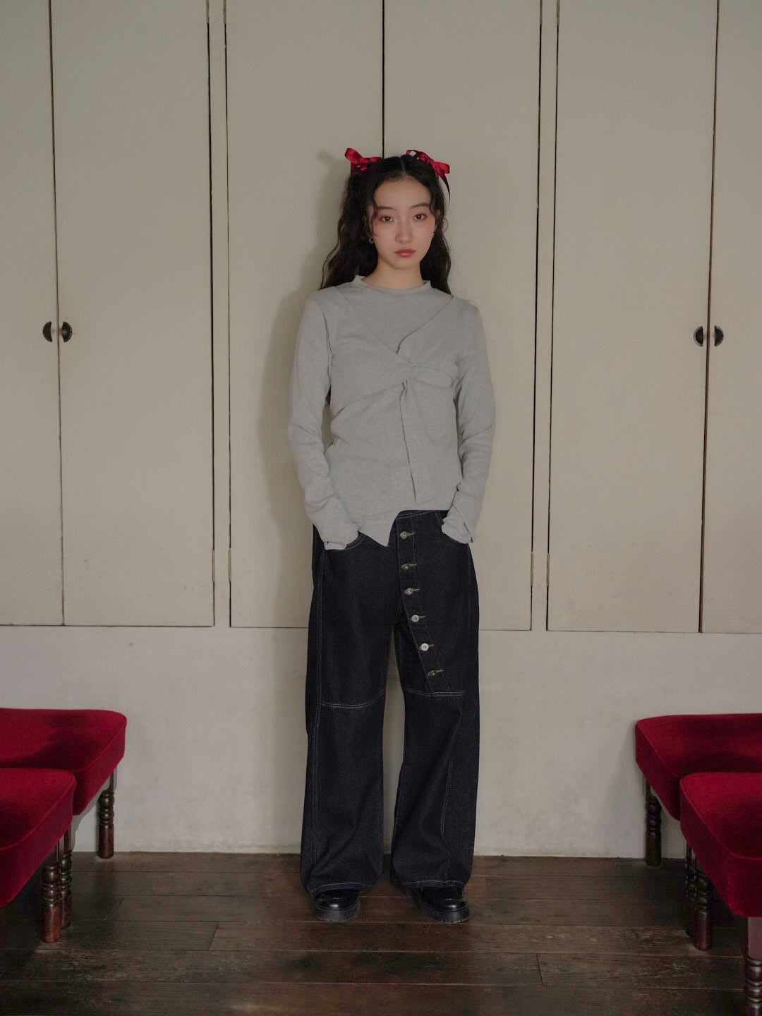 asymmetry button denim pants