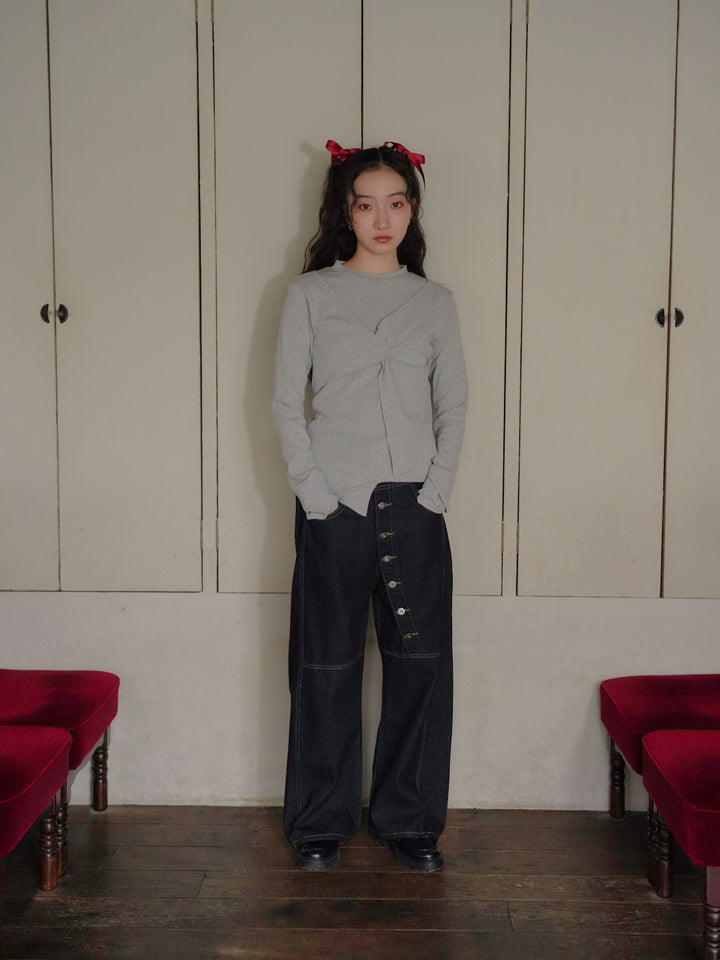 asymmetry button denim pants