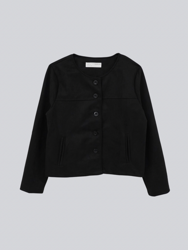 collarless suede jacket