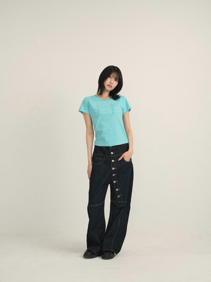 asymmetry button denim pants
