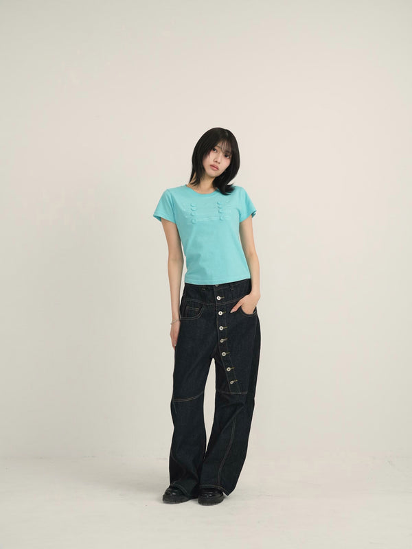 asymmetry button denim pants