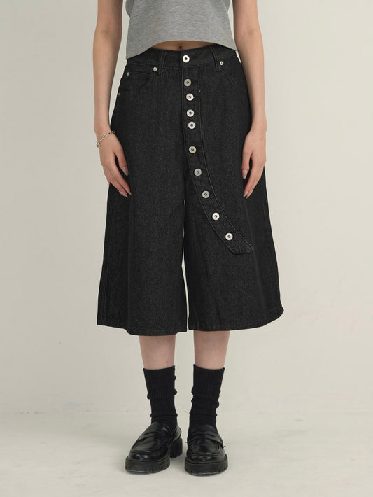 asymmetry button half denim pants