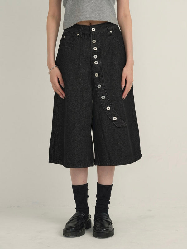asymmetry button half denim pants