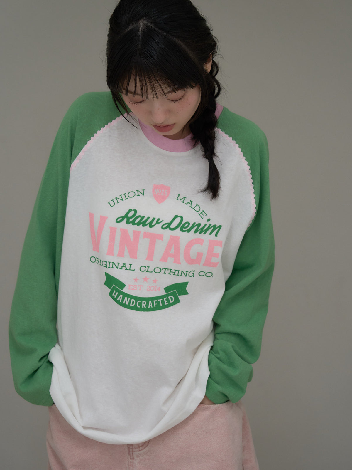 vintage raglan print long  tee