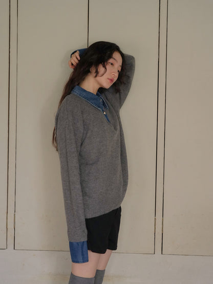 denim collar knit pullover