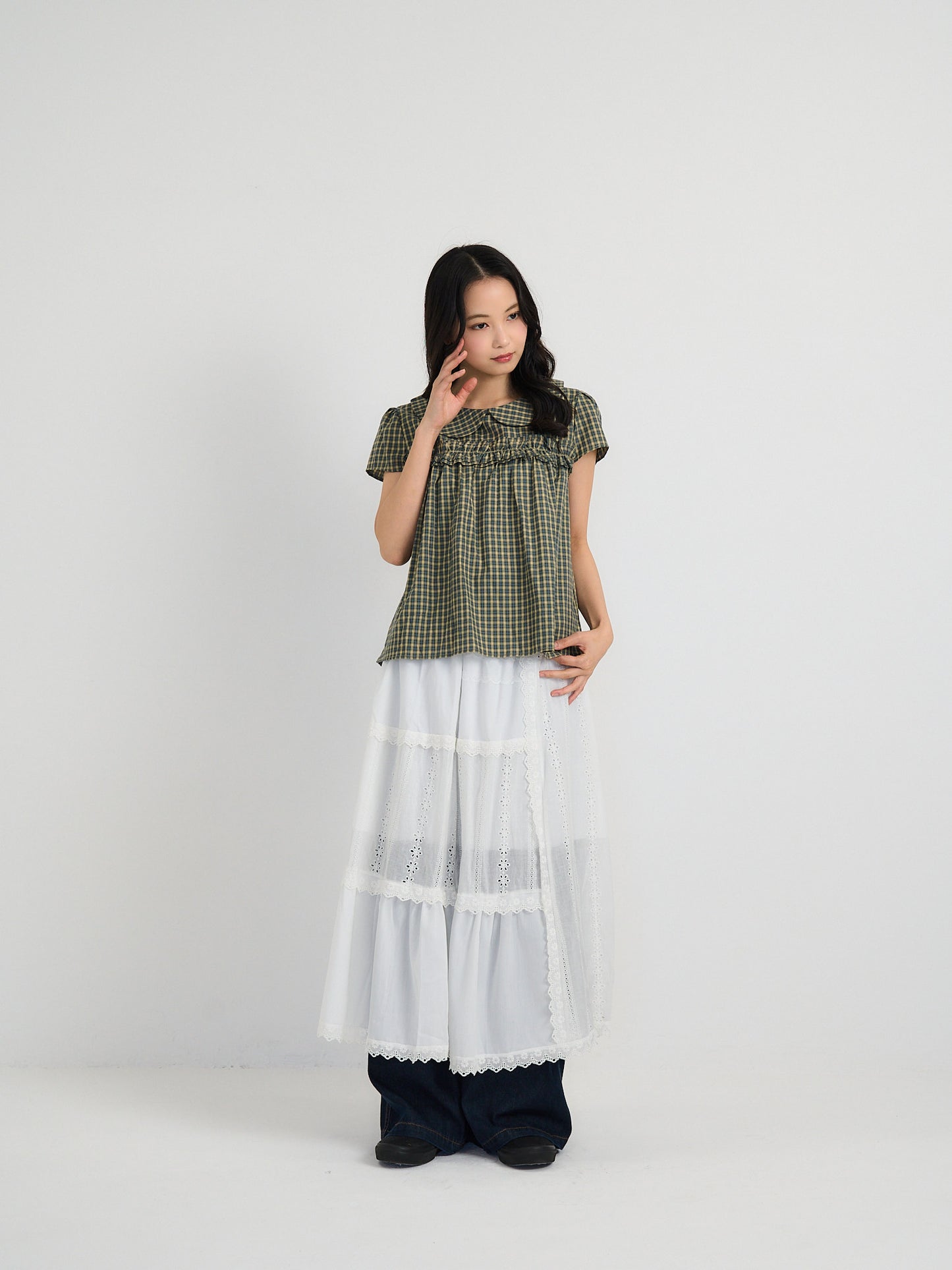 check frill collar blouse