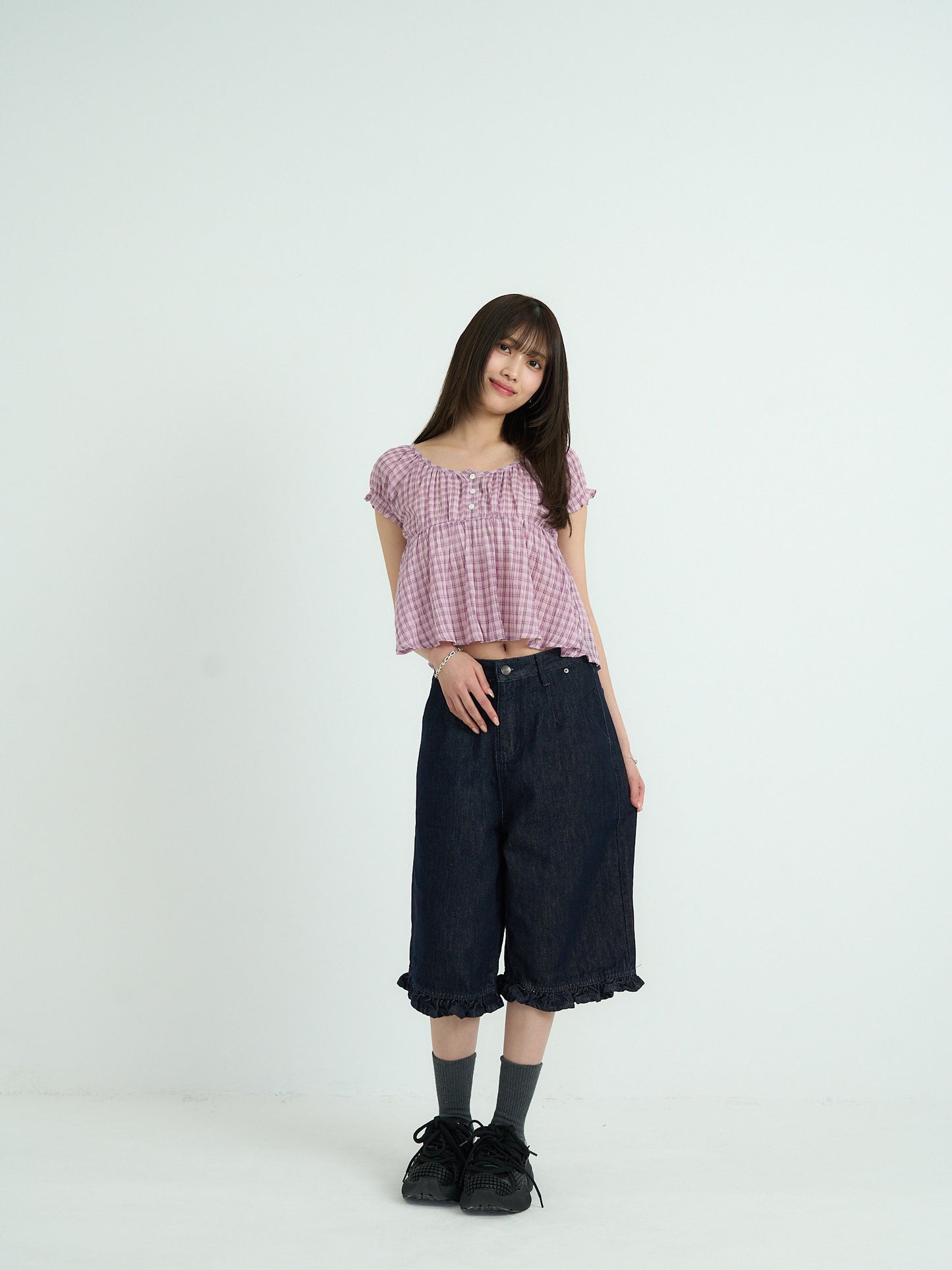 frill hem wide denim pants