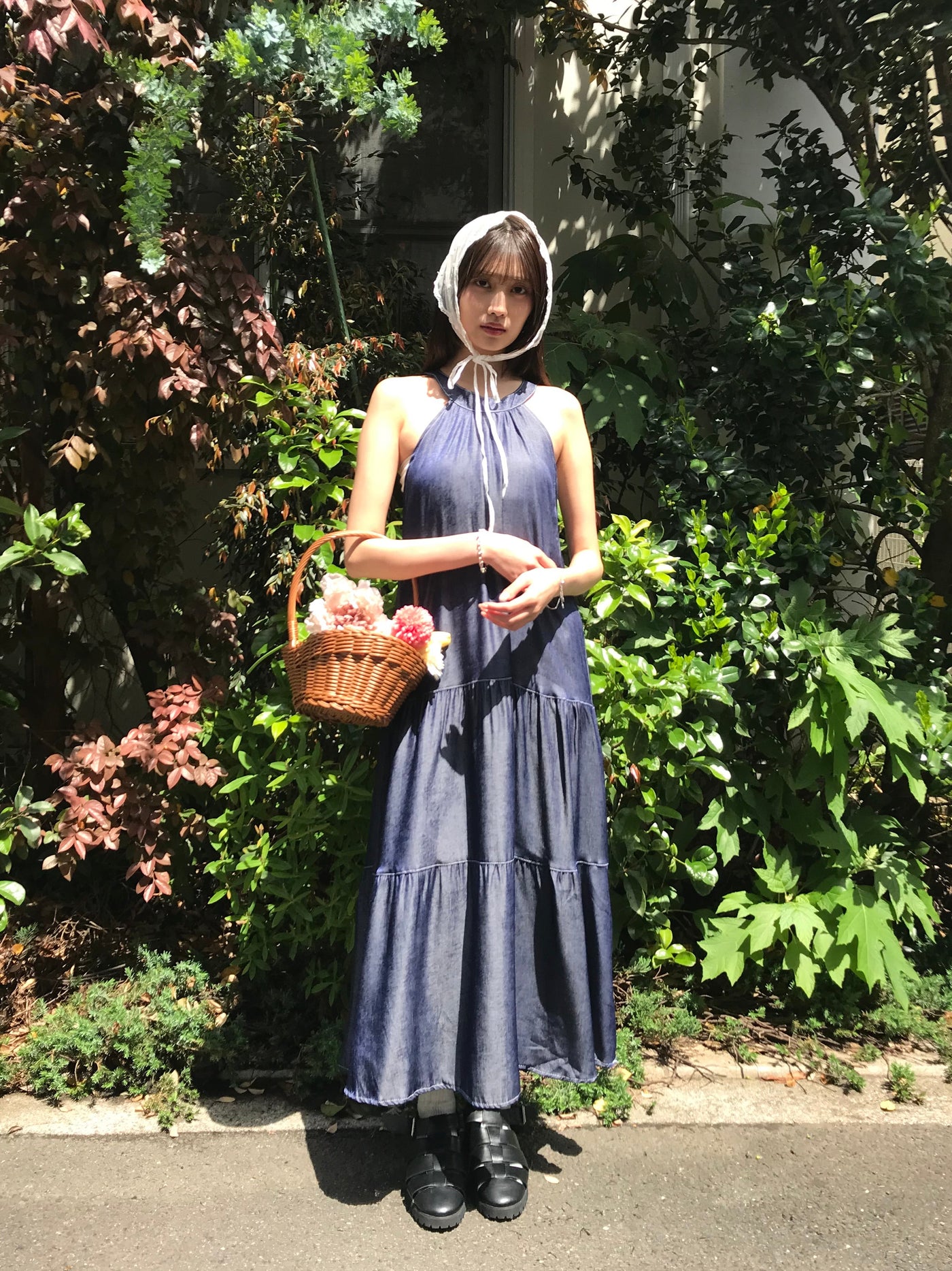 denim tiered halter dress