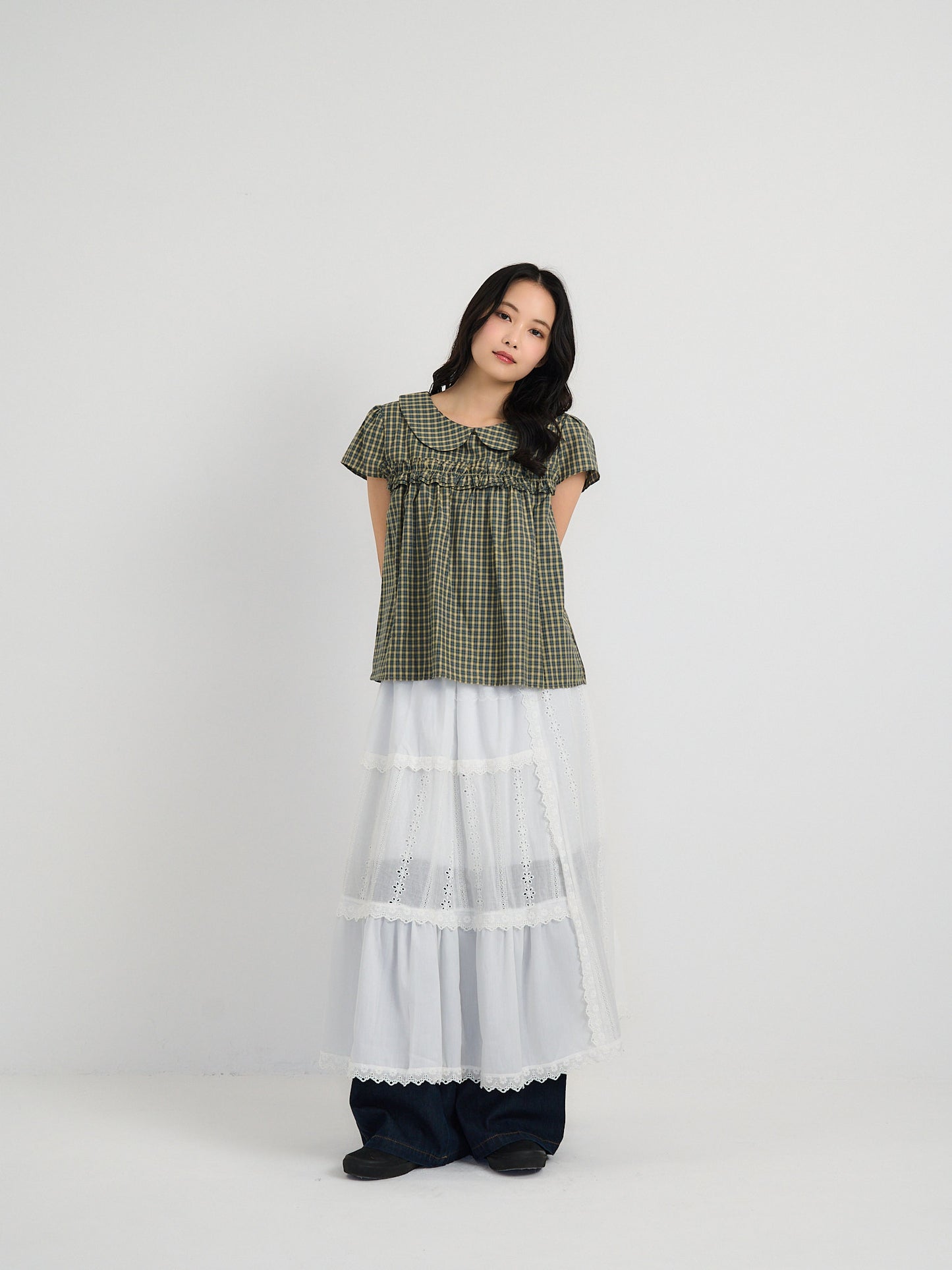 check frill collar blouse