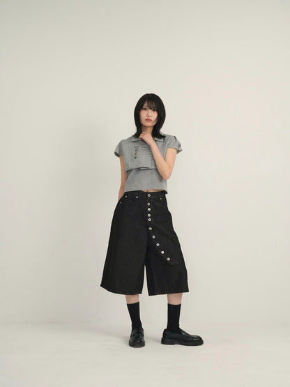 asymmetry button half denim pants