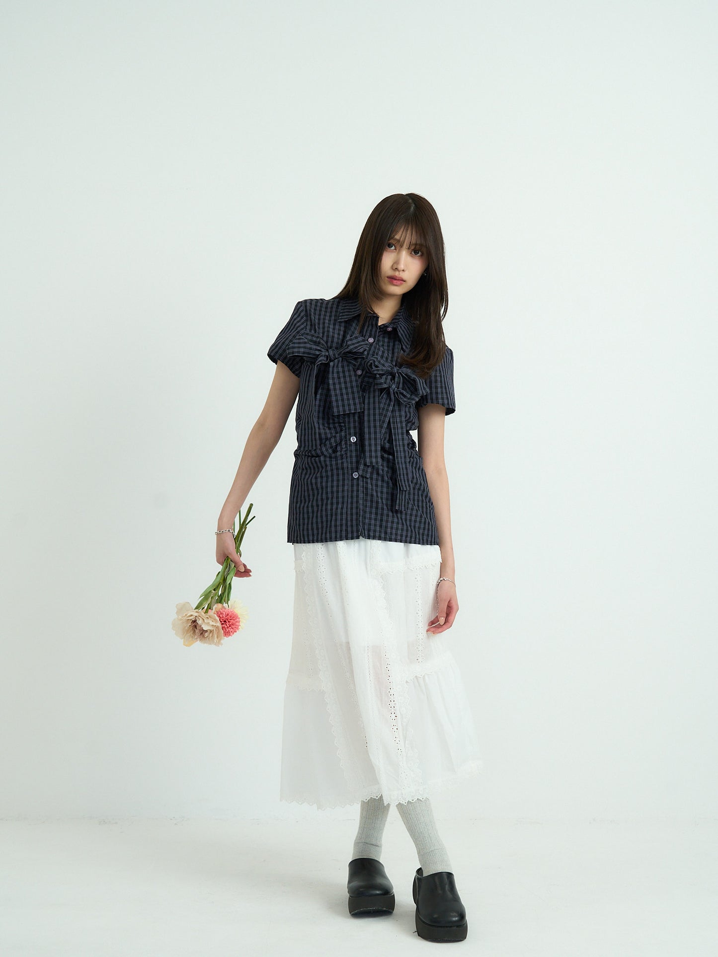 w ribbon check blouse