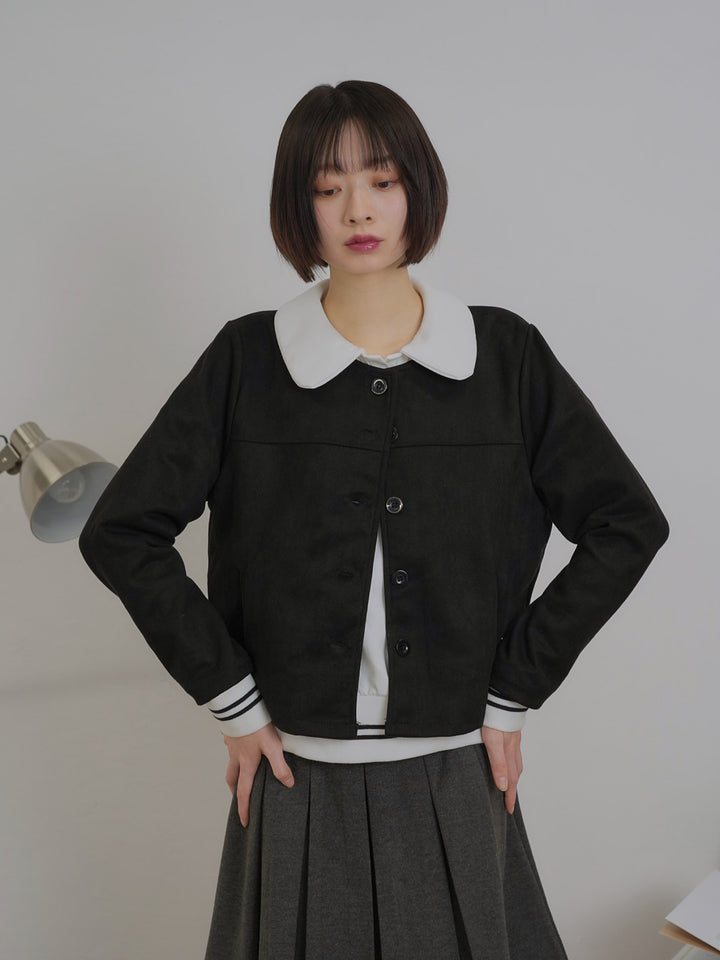 collarless suede jacket