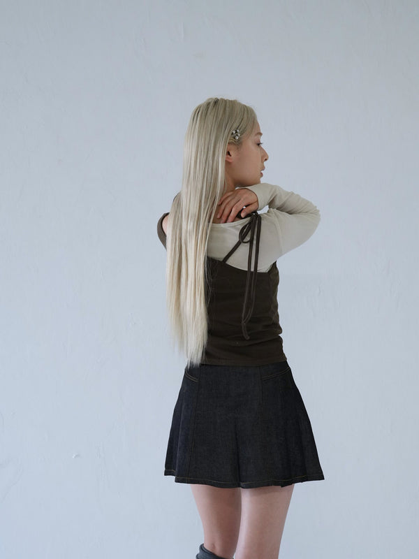 denim pleated mini skirt