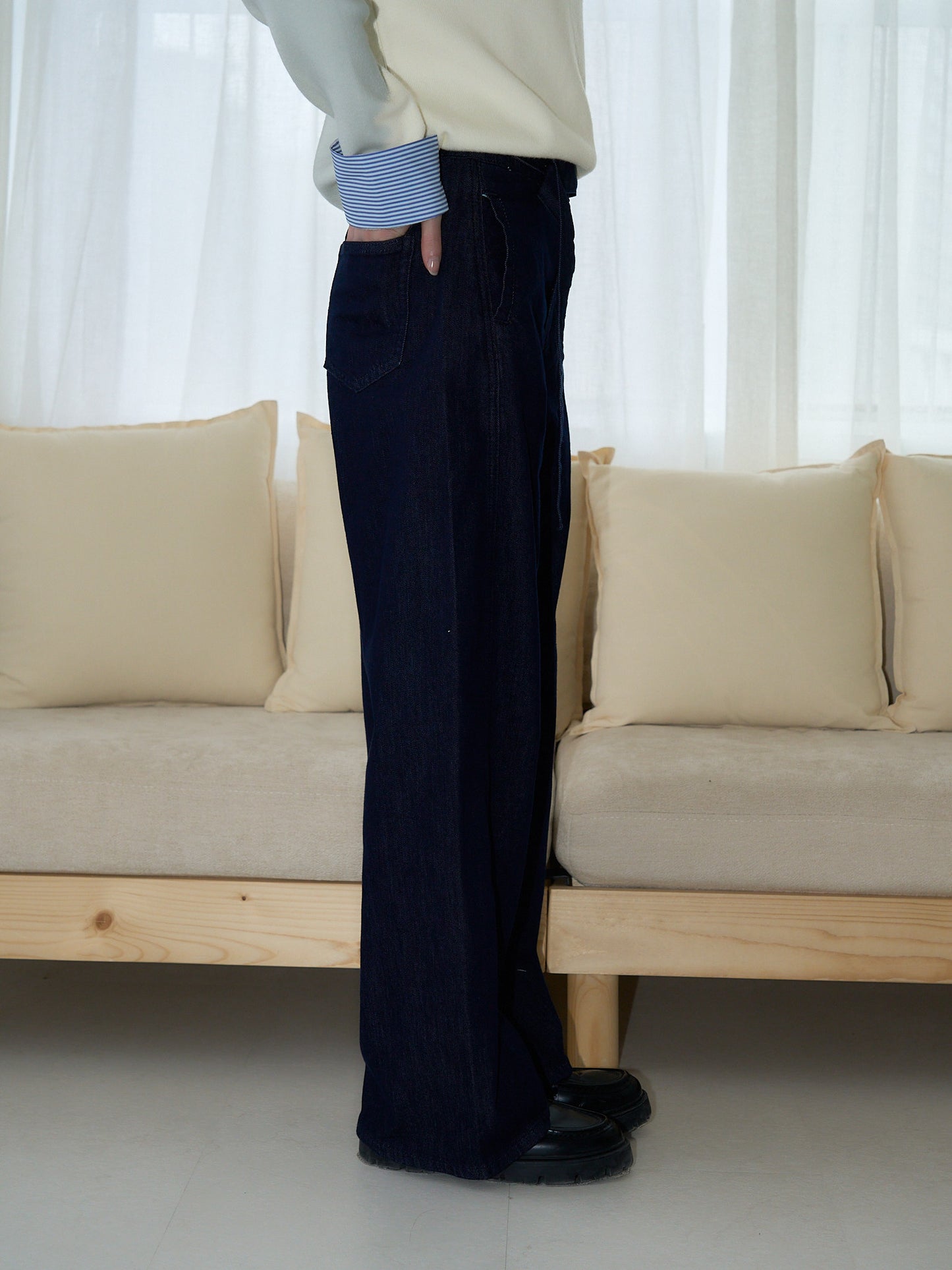 belted high waist denim pants