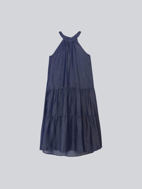 denim tiered halter dress